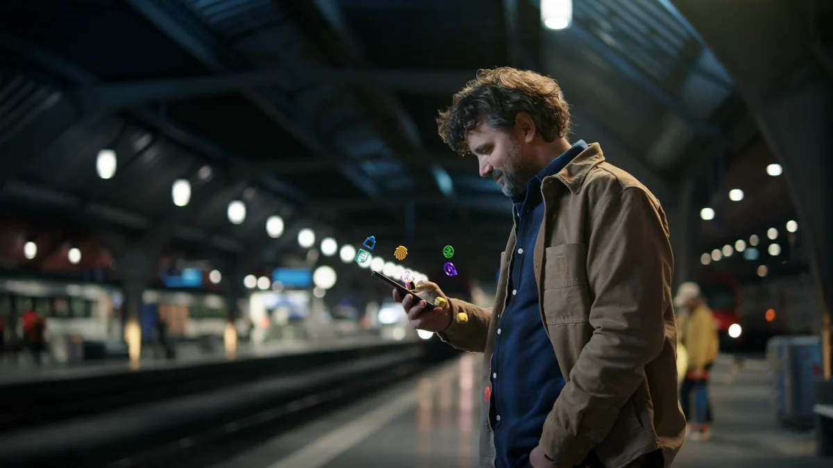 Image du film PostFinance : un homme utilise son téléphone sur un quai de gare.