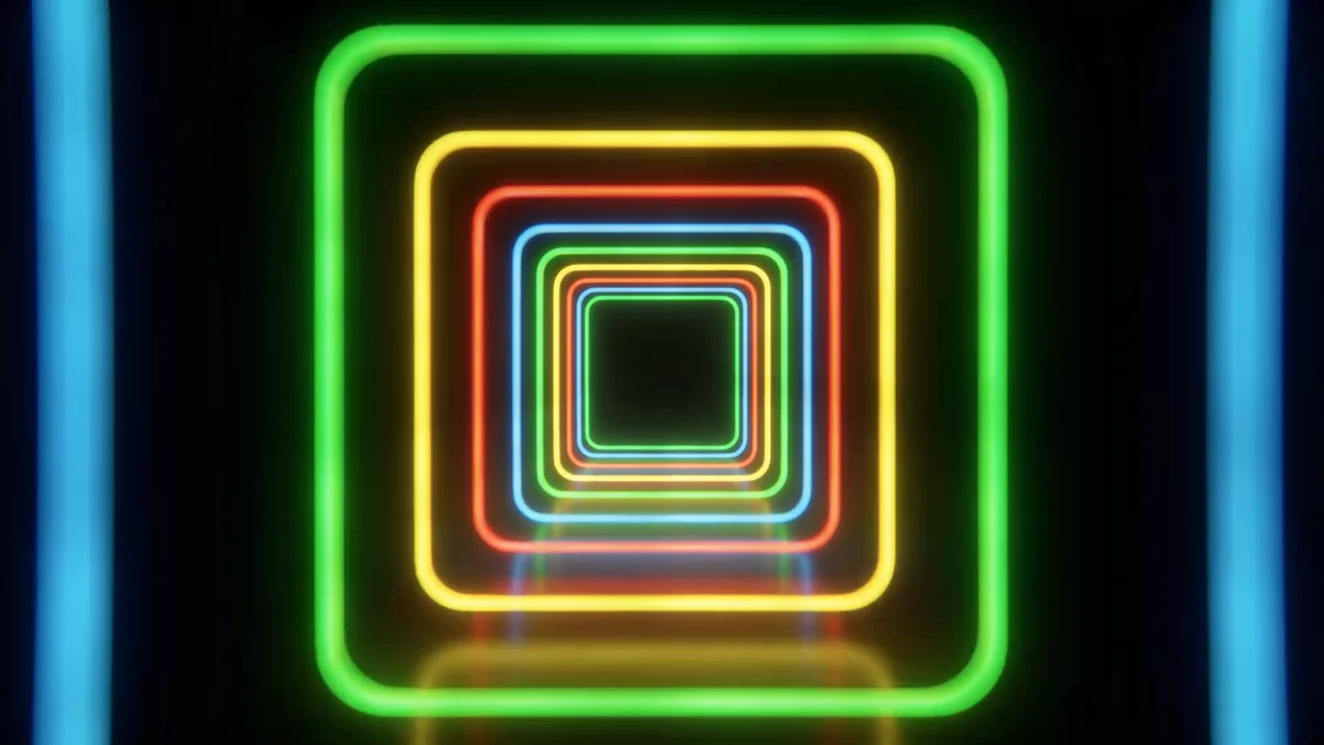 Tunnel de cadres lumineux multicolores dans le film PostFinance.