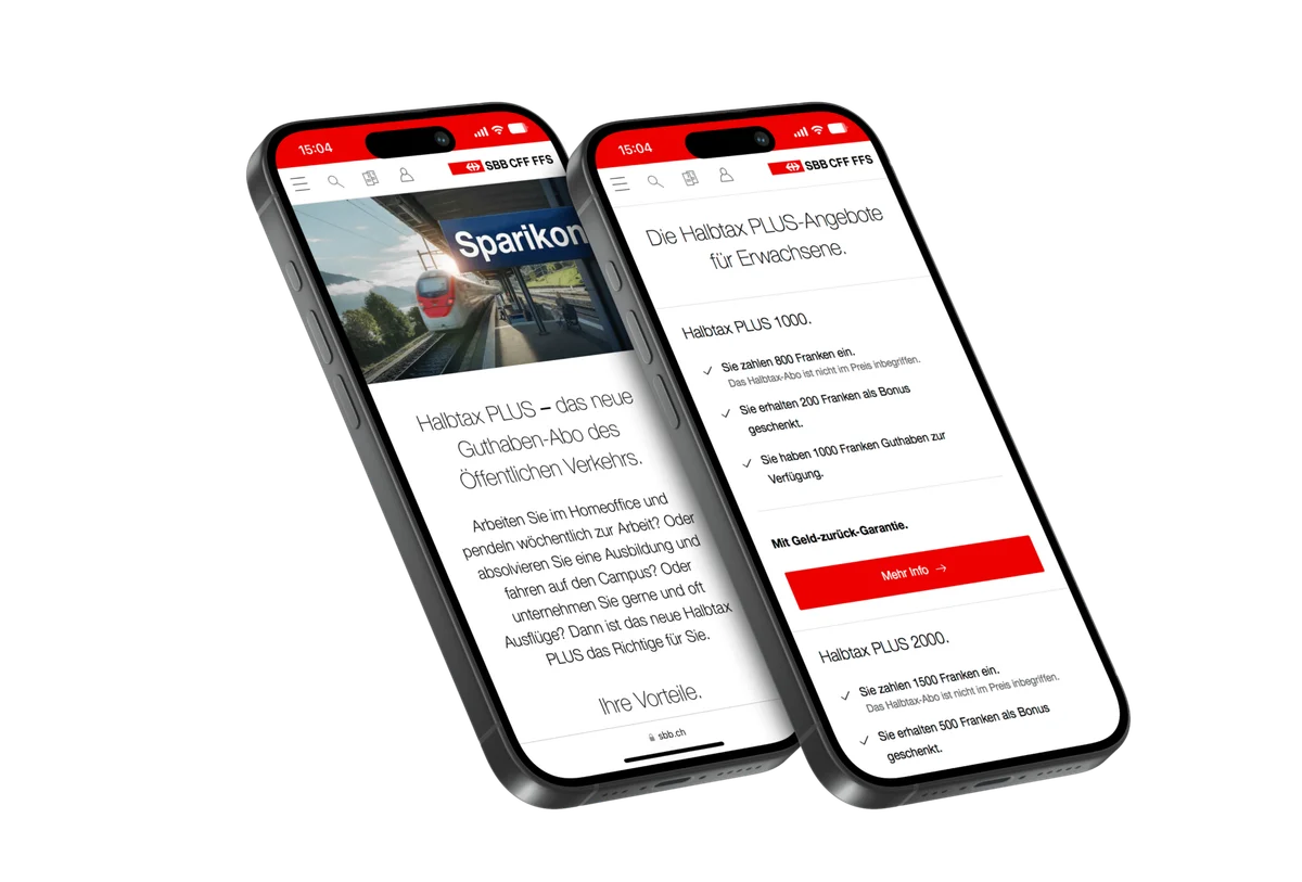 Pages mobiles CFF consacrées au demi-tarif PLUS sur deux smartphones.