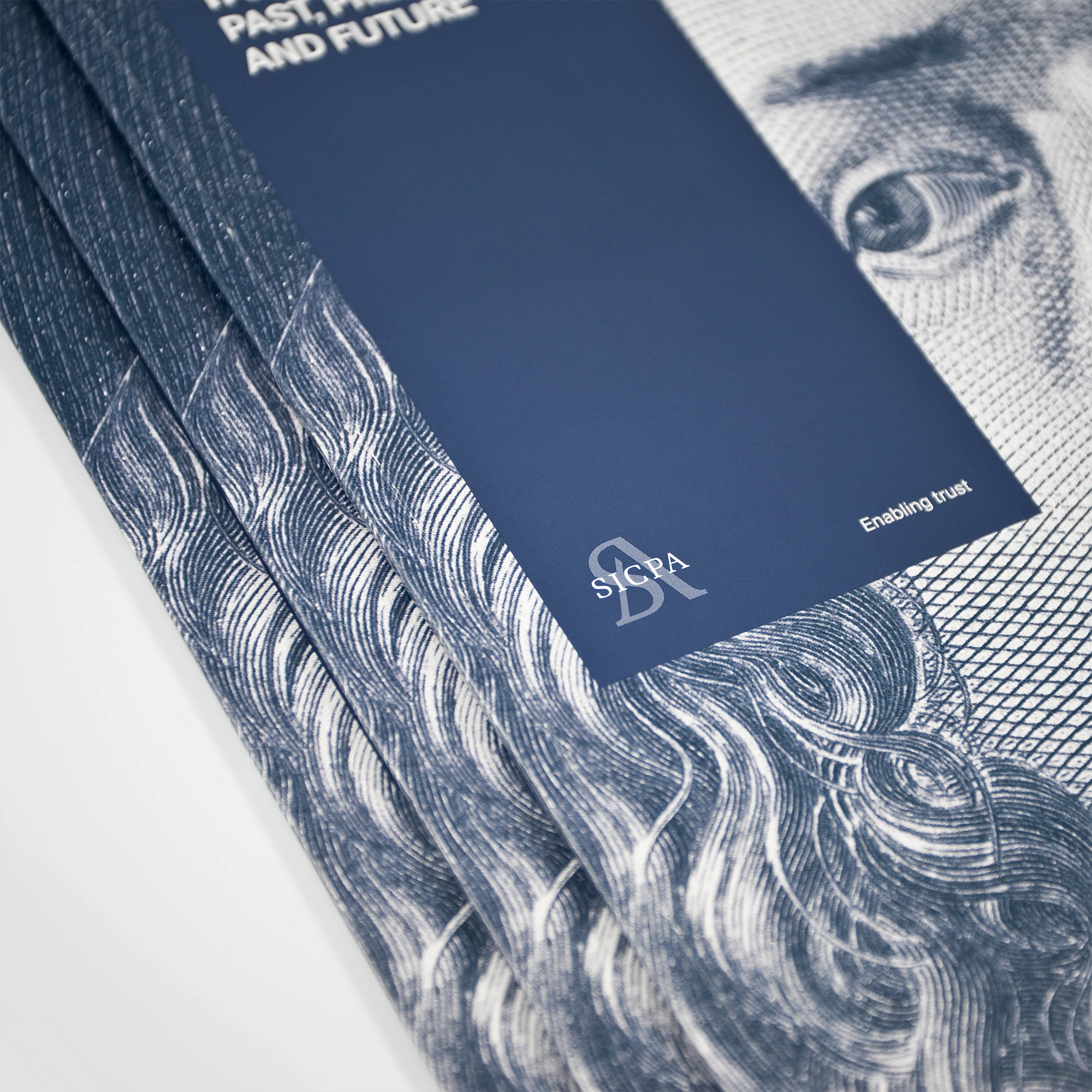 Brochure SICPA avec portrait gravé et bandeau bleu vertical.