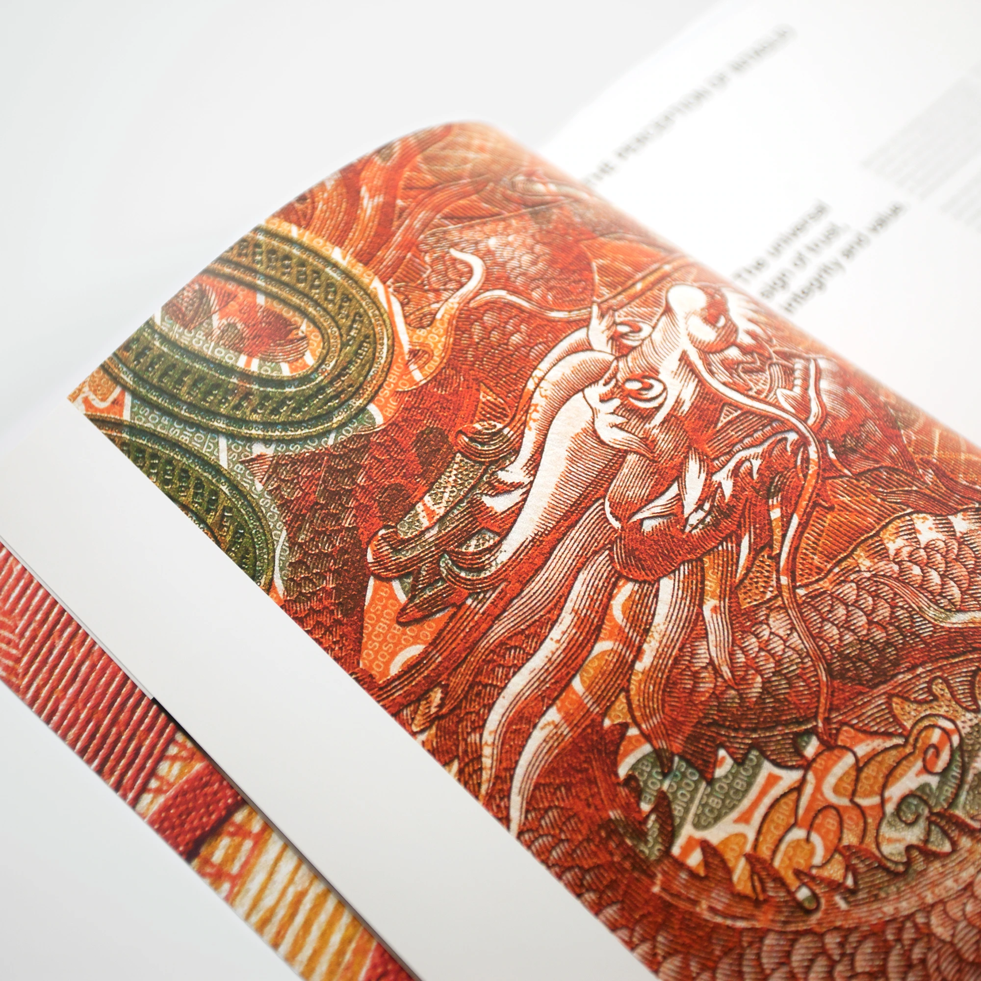 Brochure SICPA ouverte sur un agrandissement de dragon gravé orange.