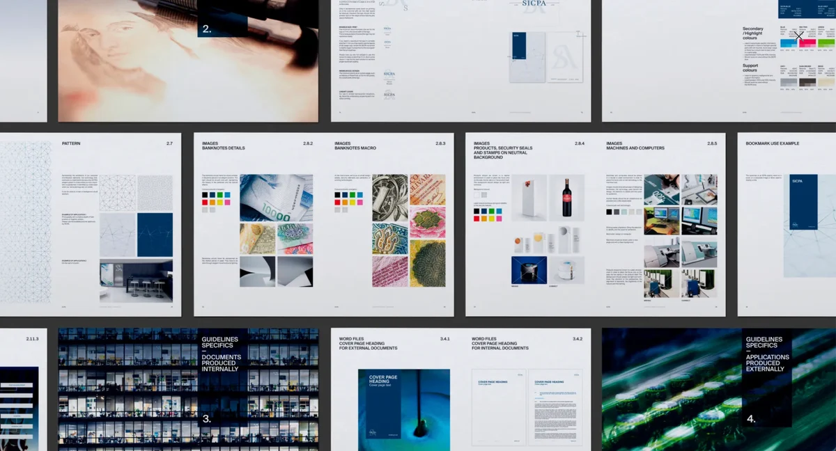 Vue d’ensemble des pages de la charte graphique SICPA.