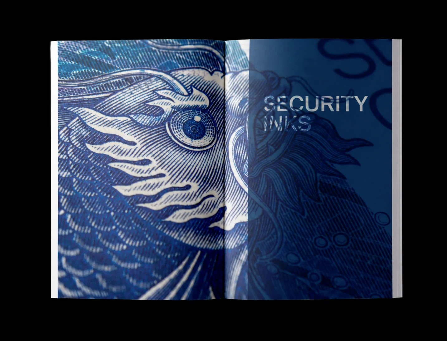 Brochure SICPA « Security Inks » avec gravure bleue et détail d’un œil.
