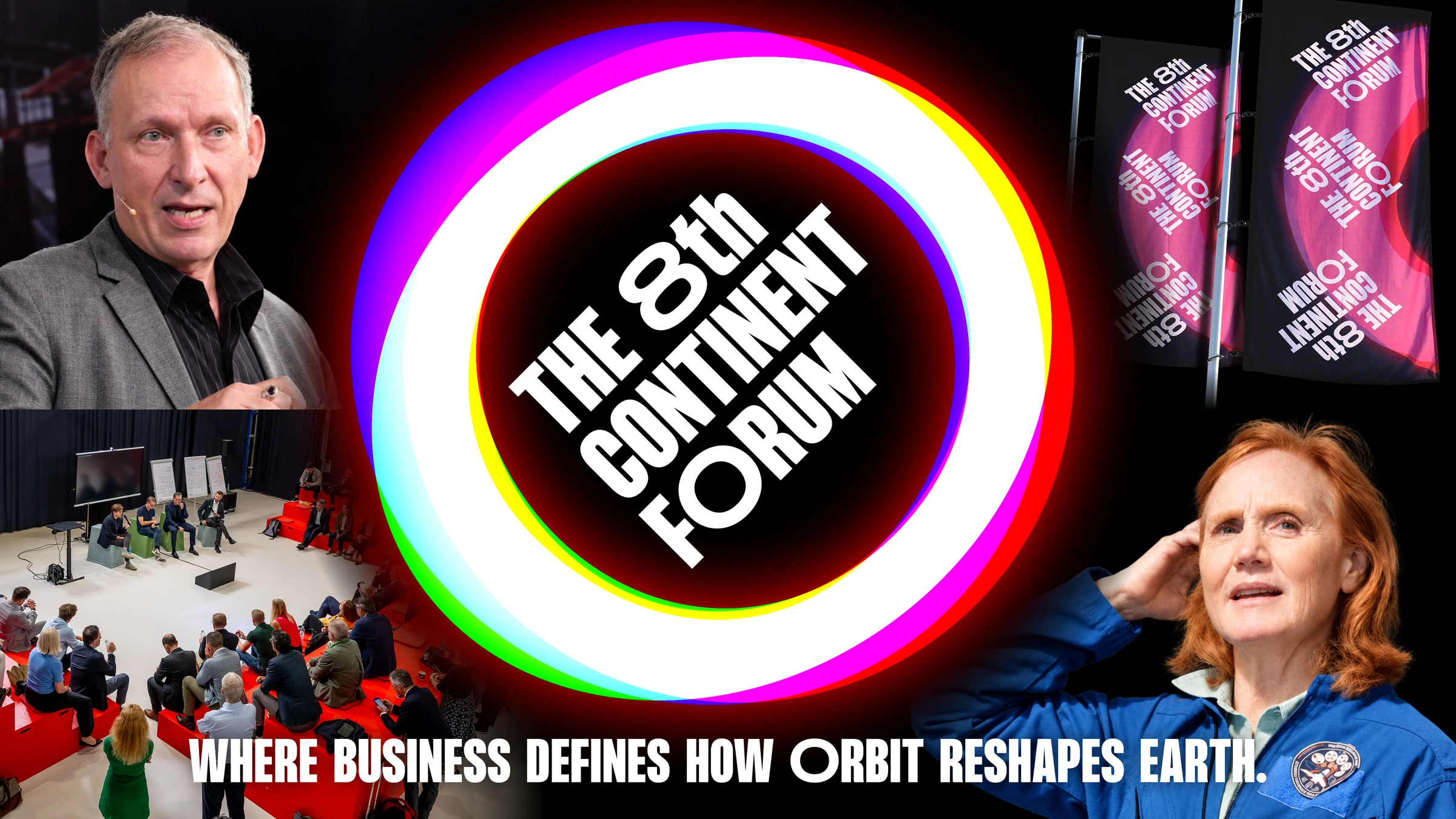 Visuel du 8th Continent Forum associant logo circulaire lumineux, intervenants et public.