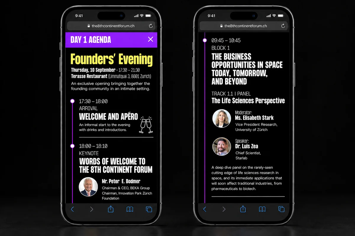 Programme du 8th Continent Forum affiché sur deux smartphones.