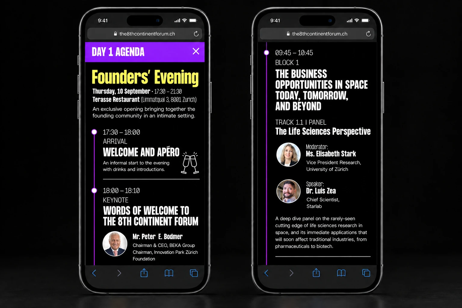 Programme du 8th Continent Forum affiché sur deux smartphones.