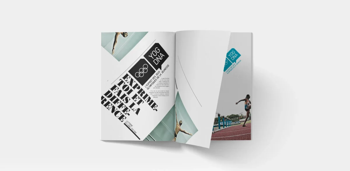 Brand book YOG DNA ouvert, avec slogan en diagonale et photographies sportives.
