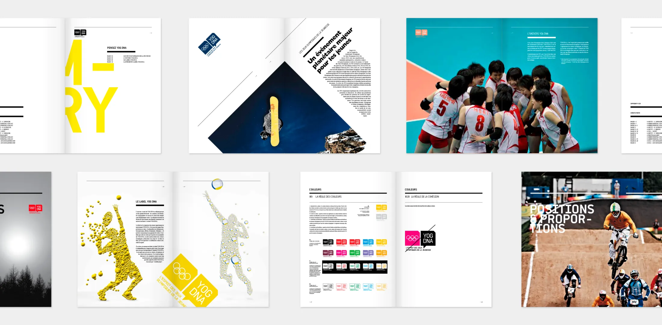 Ensemble de doubles pages du brand book YOG DNA : couleurs, typographie et photographies.