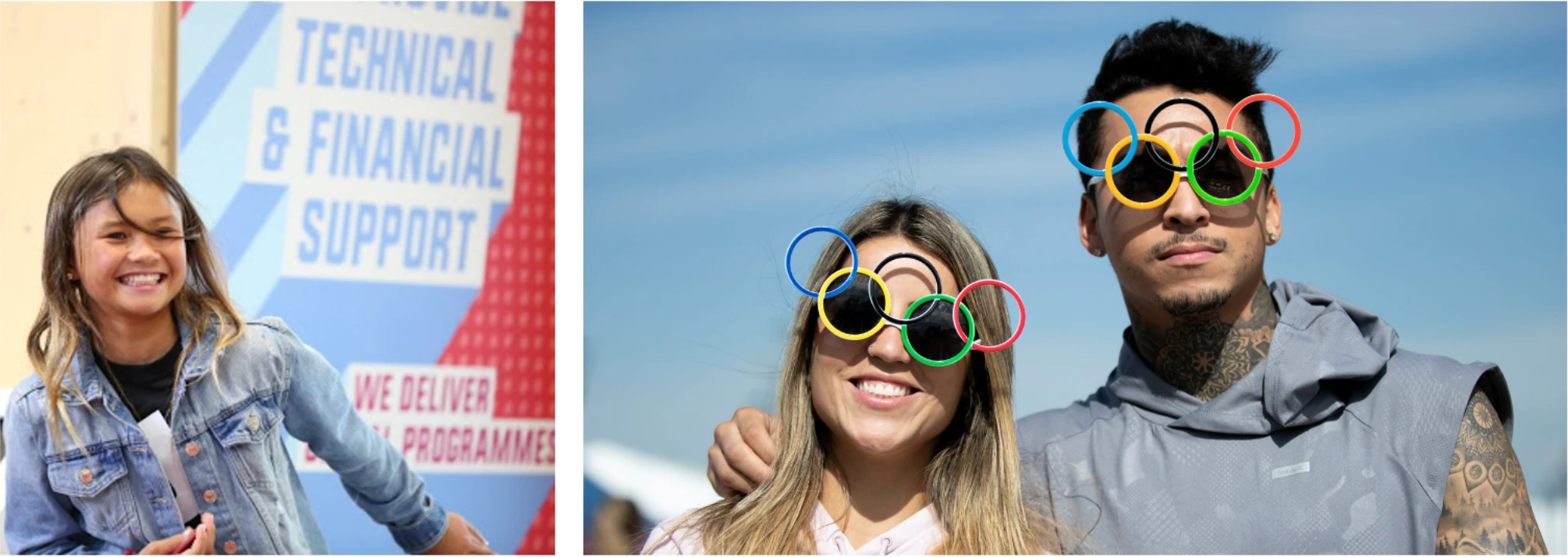 Photographies de participants aux Jeux de la Jeunesse, dont deux portent des lunettes en anneaux olympiques.