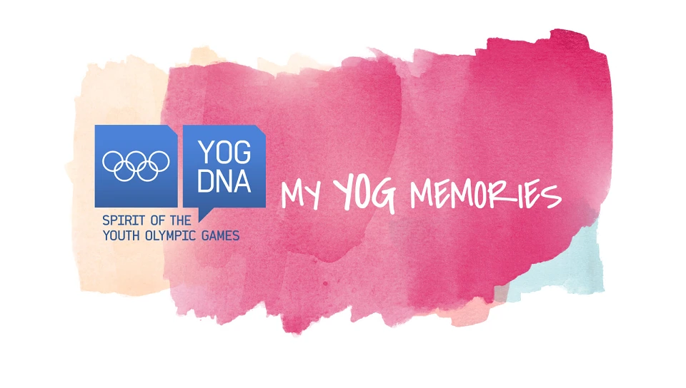 Signature « My YOG Memories » sur des aplats aquarellés roses, bleus et orangés.