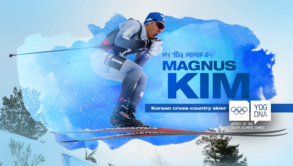 Visuel « My YOG Memories » avec le fondeur Magnus Kim sur fond aquarellé bleu.