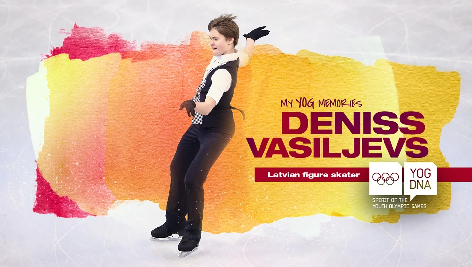 Visuel « My YOG Memories » avec le patineur Deniss Vasiljevs sur fond jaune et rose.