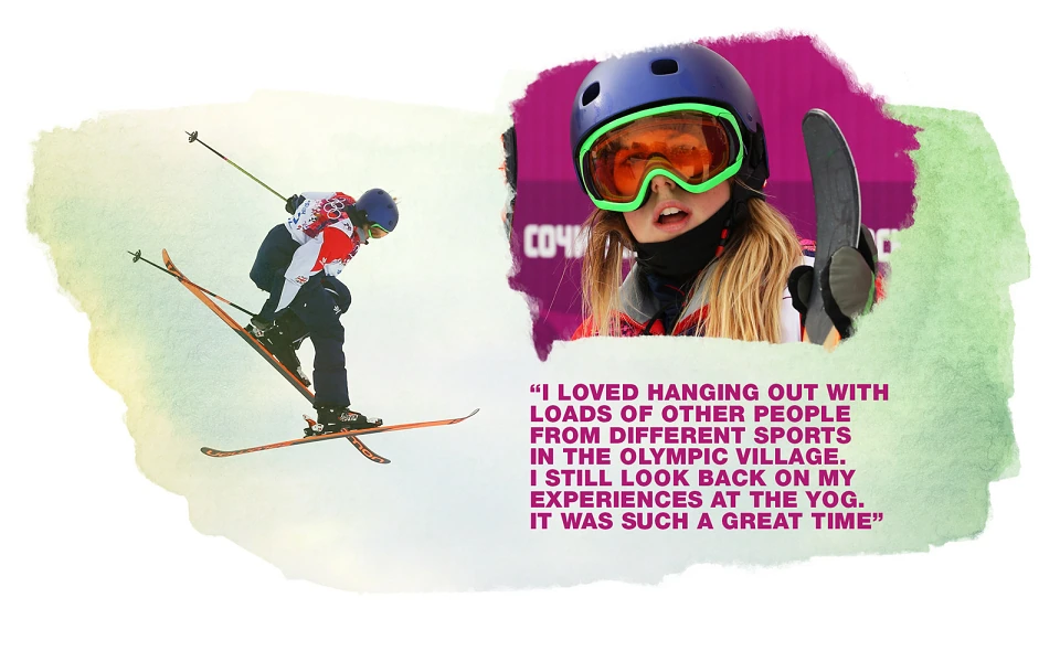 Composition « My YOG Memories » avec skieuse en action, portrait et témoignage.